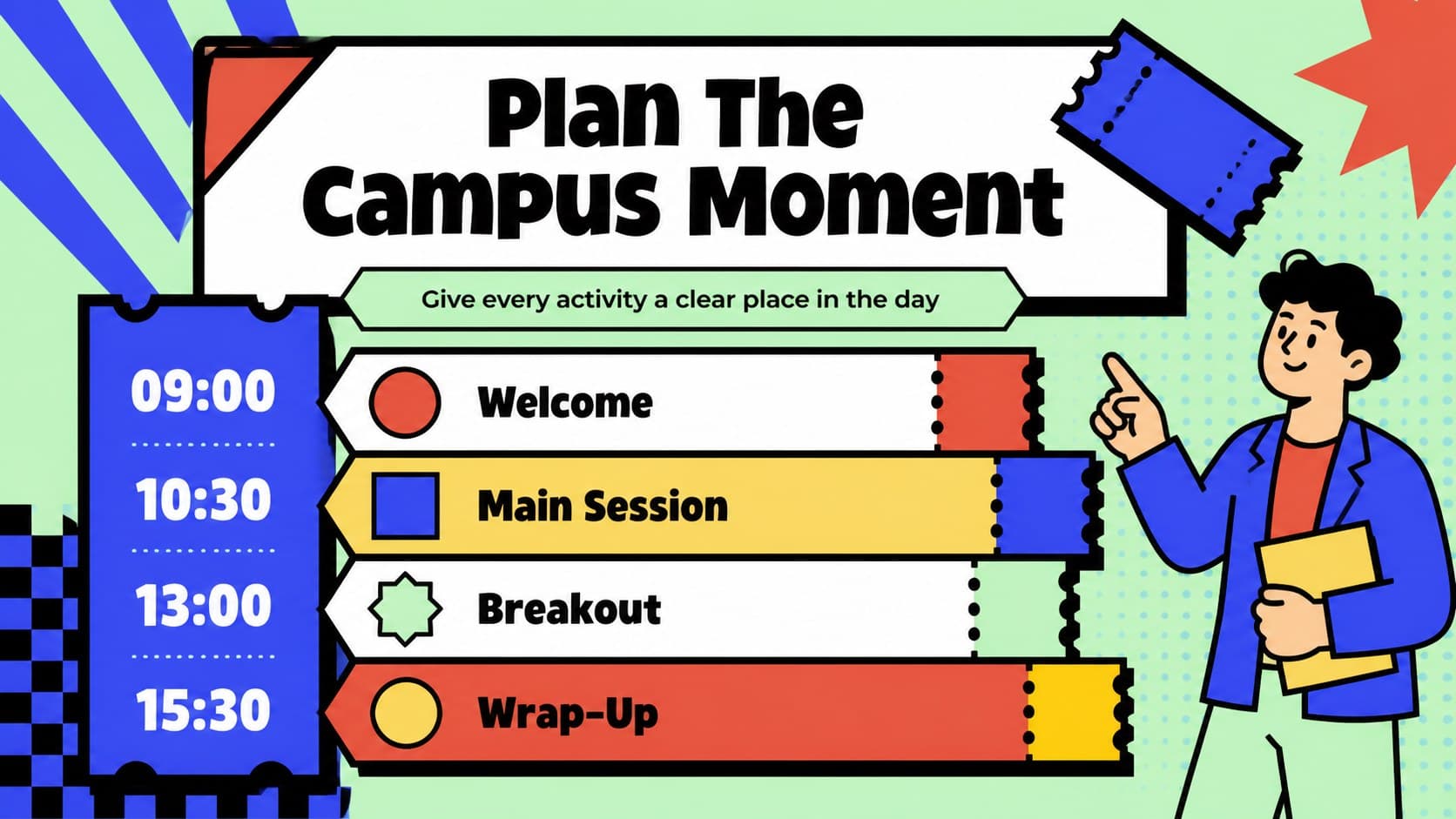 Campus event agenda slide with colorful sections for activities, speakers, and timing.