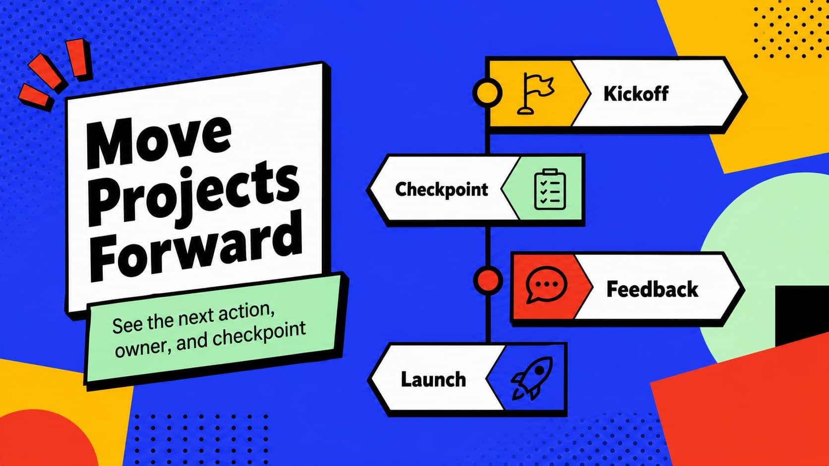 Project milestone timeline slide for coordinating academic work in a retro pop-art style.