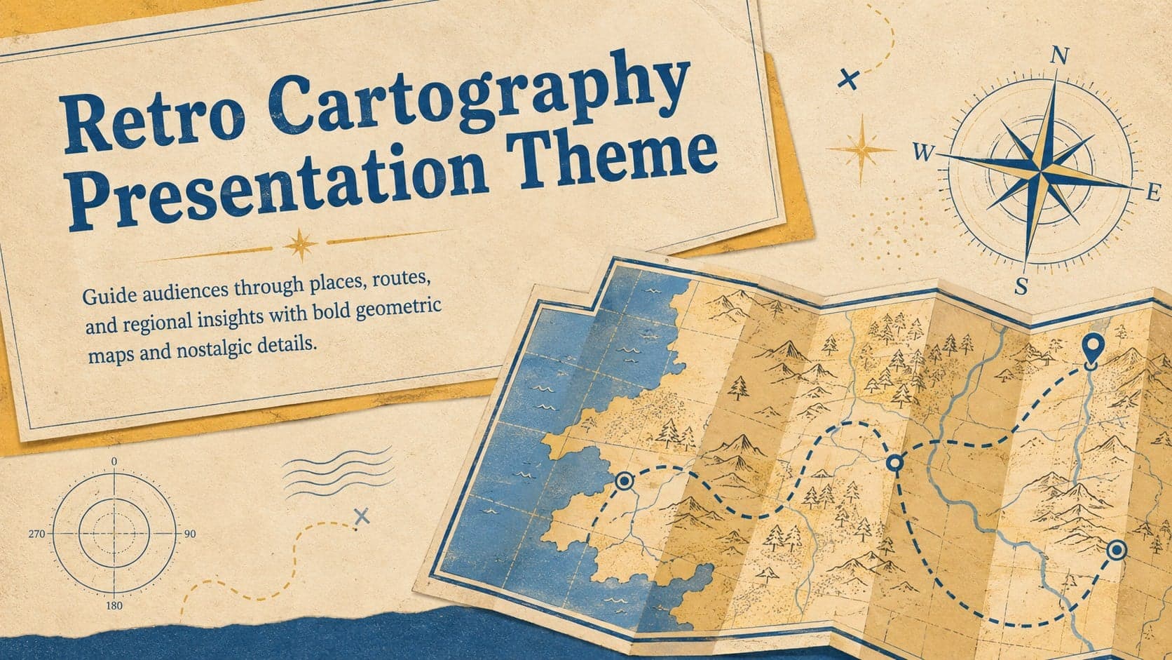 Cover of the Retro Cartography Presentation Theme with geometric map artwork in yellow, beige, and blue.