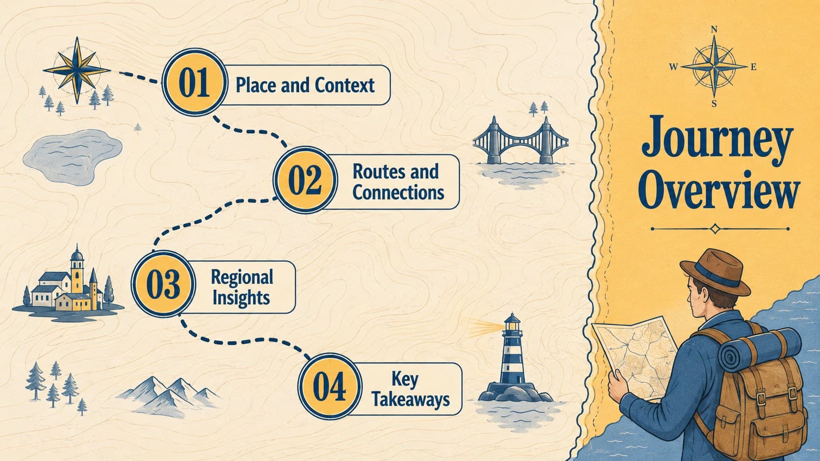 Agenda slide for a geographic storytelling presentation with route-inspired section markers.