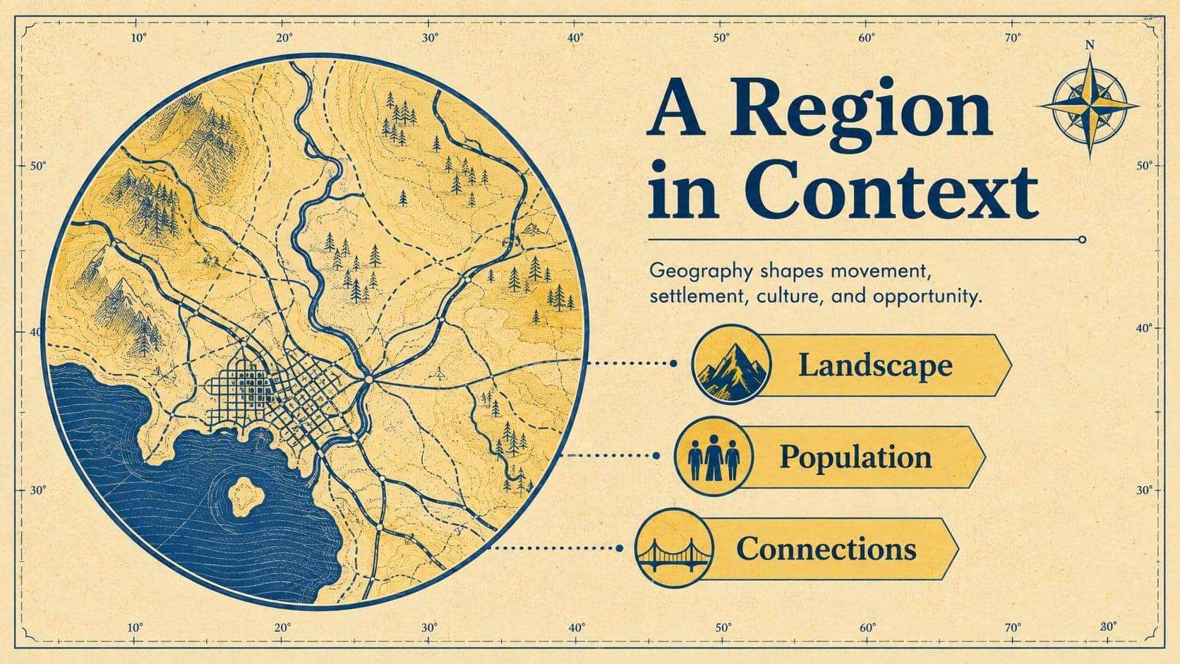 Historical geography slides template layout introducing a region through map facts and context.