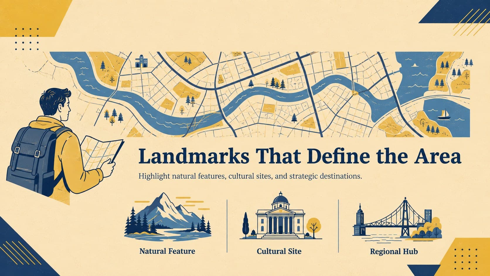 Editable cartography slide displaying major landmarks and concise location notes.