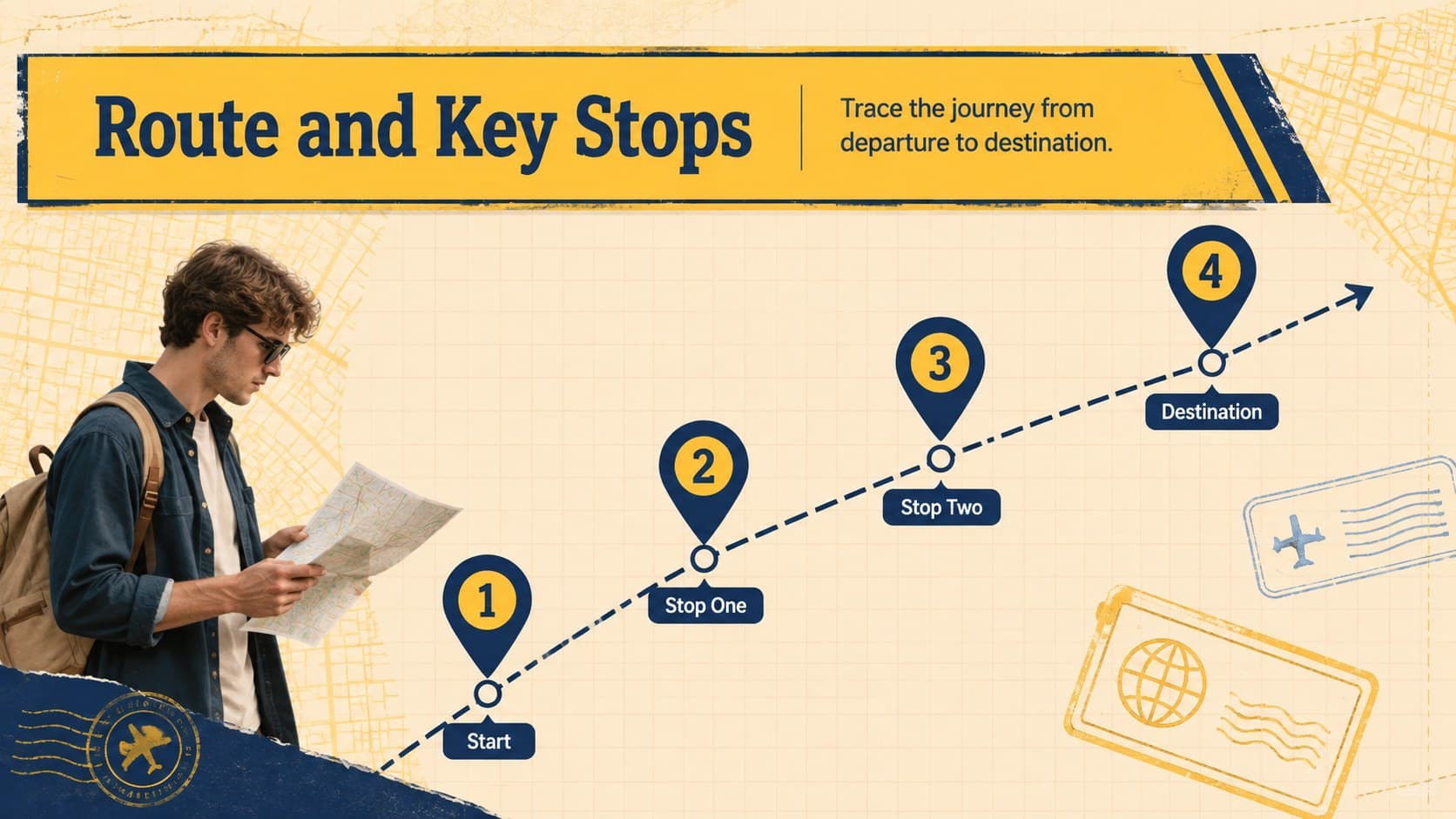 Travel route planning slide deck page with a mapped journey and four destination stops.