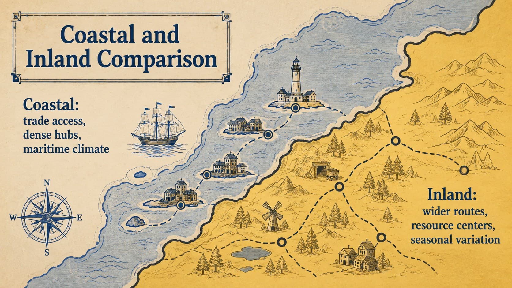Geographic storytelling presentation slide comparing coastal and inland regions.