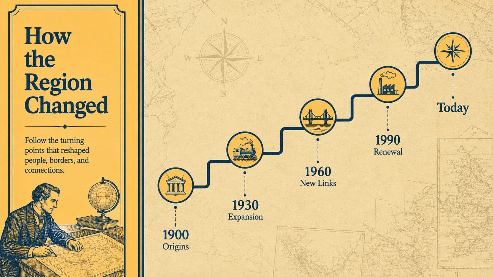 Retro map theme timeline showing five stages of regional change.