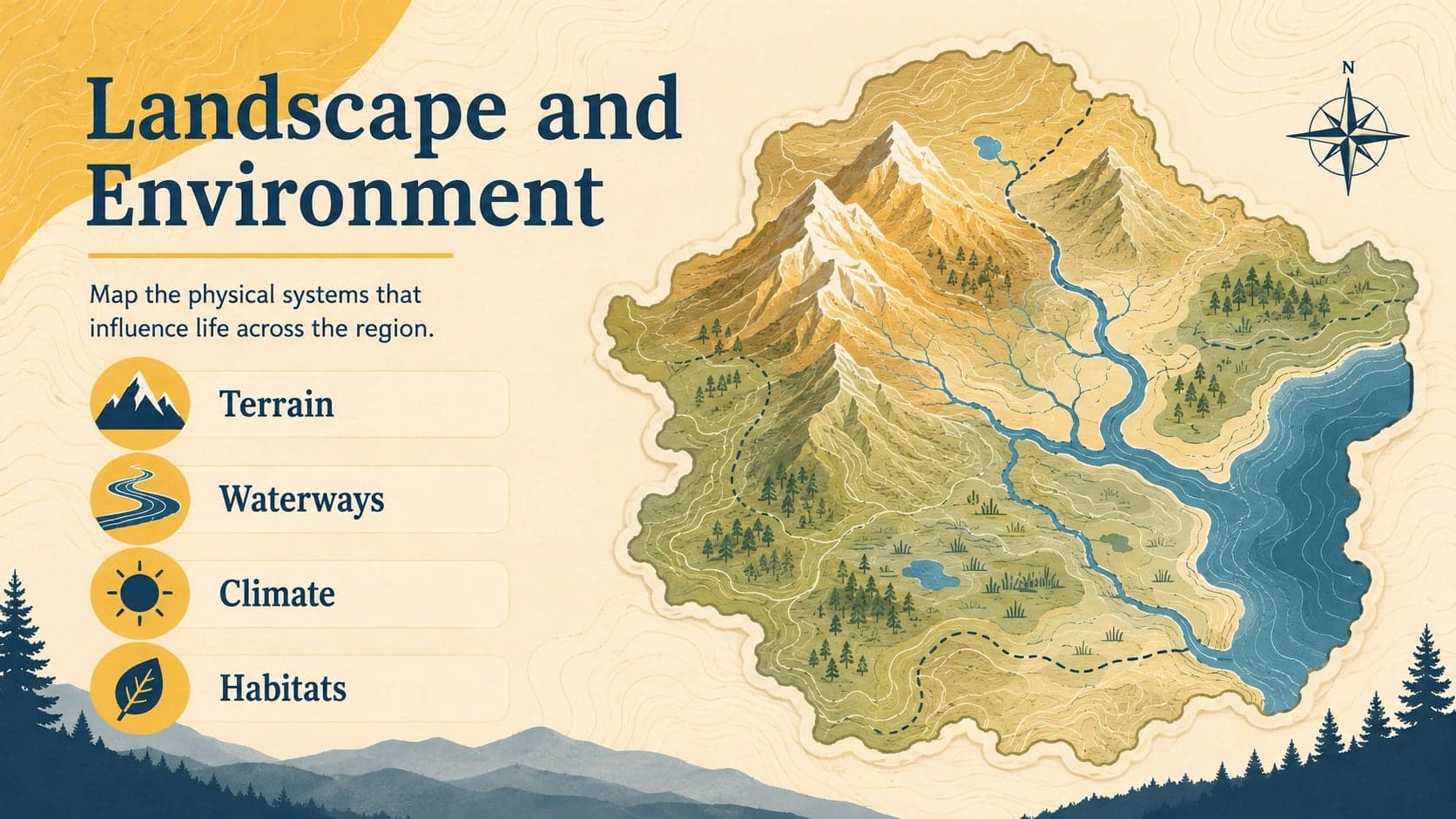 Environmental geography slide mapping terrain, waterways, climate, and habitat.