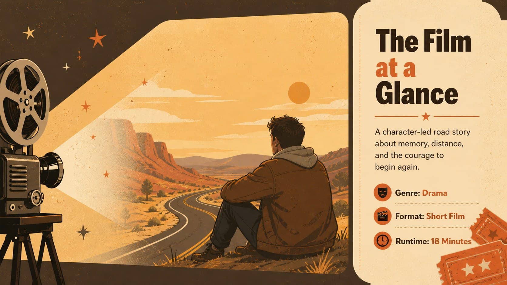 Retro cinema storyboard slides overview featuring a film concept summary and illustrated projector accents.