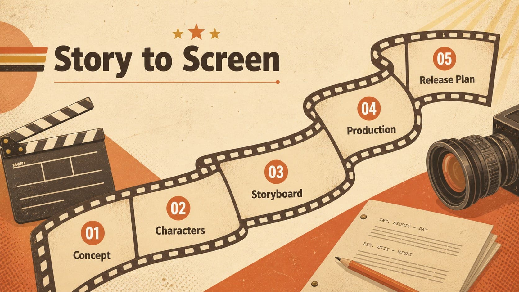 Vintage film pitch deck agenda with five production topics arranged around cinematic illustrations.