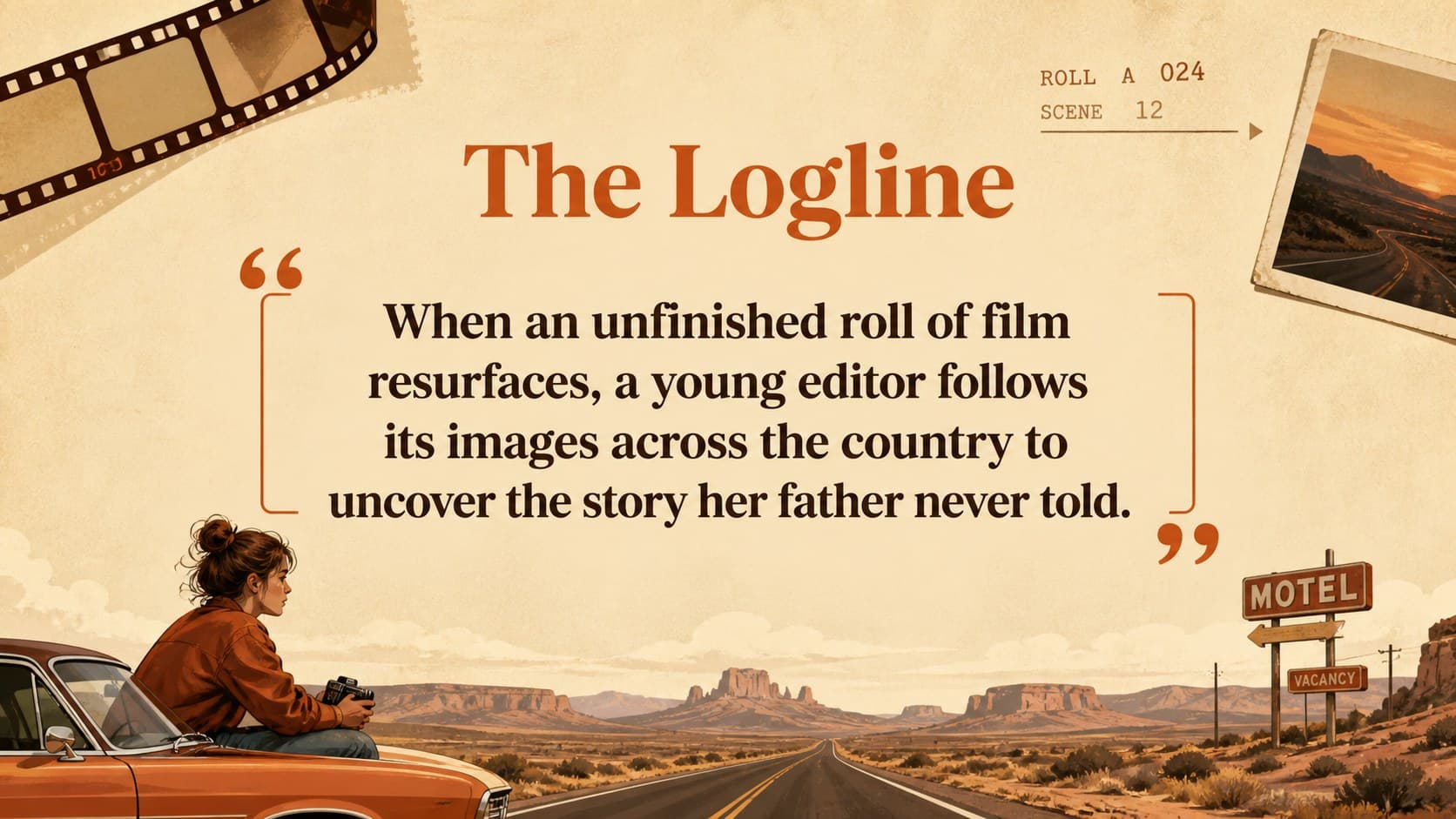 Movie storyboard presentation slide showing a concise logline beside an illustrated cinema frame.