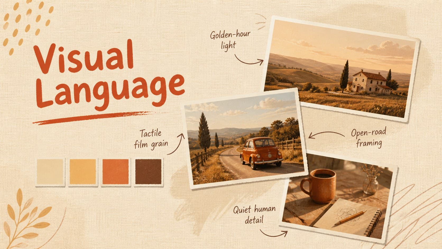 Warm neutral cinema theme mood board with color swatches, textures, and visual direction notes.