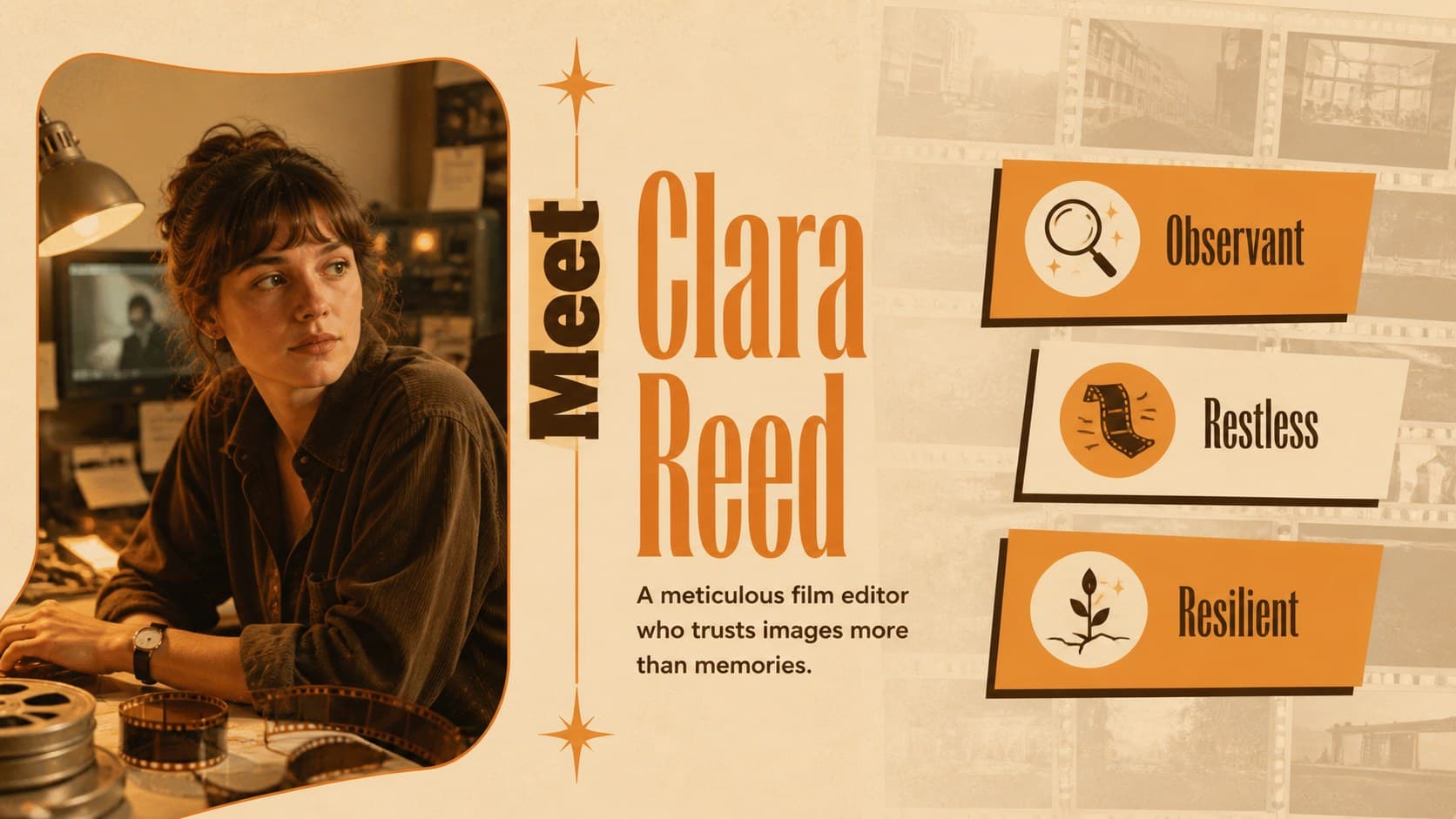 Illustrated film production deck character profile featuring an original protagonist and key traits.