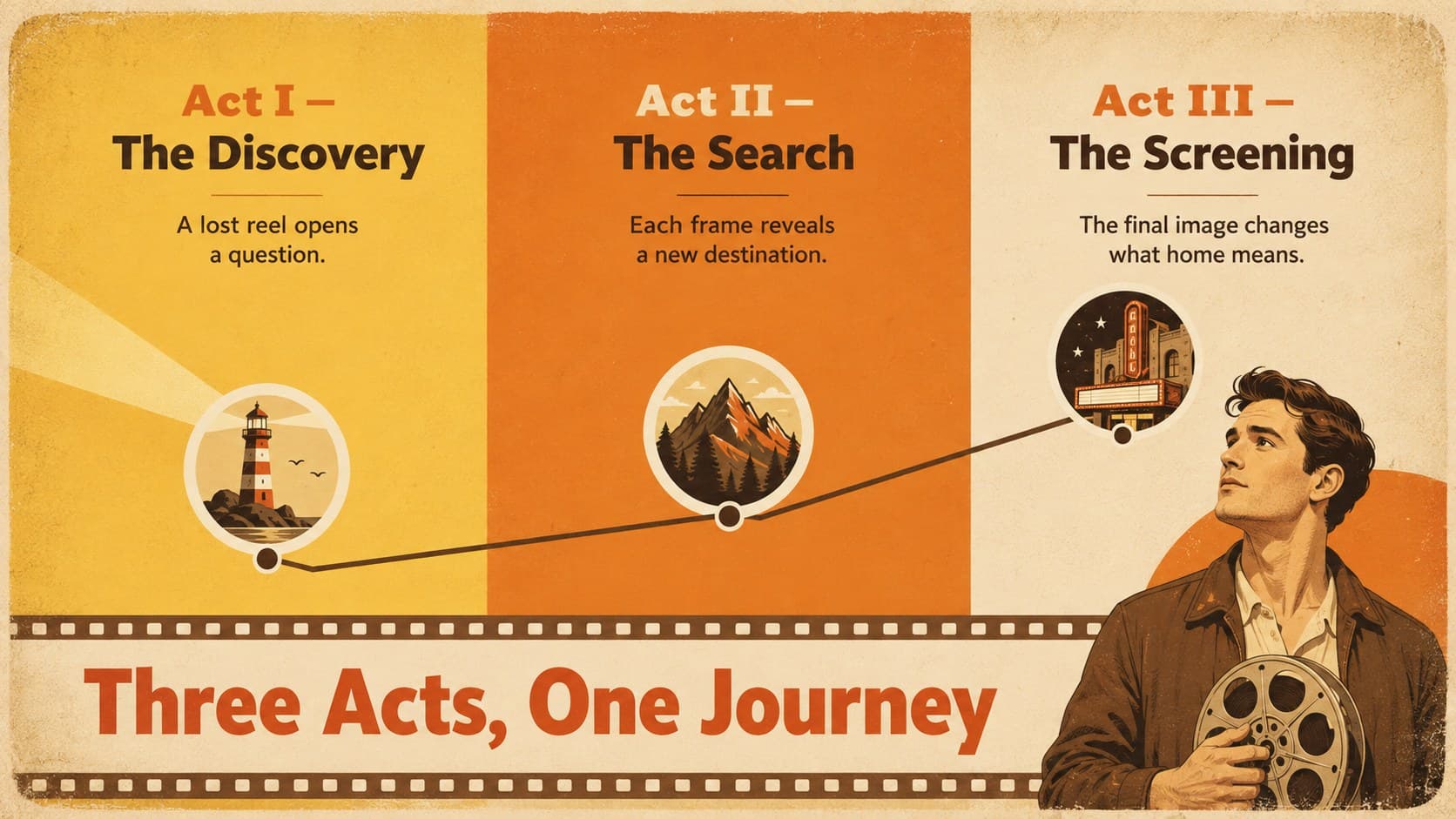 Cinematic project planning slide mapping a three-act story across an illustrated film timeline.