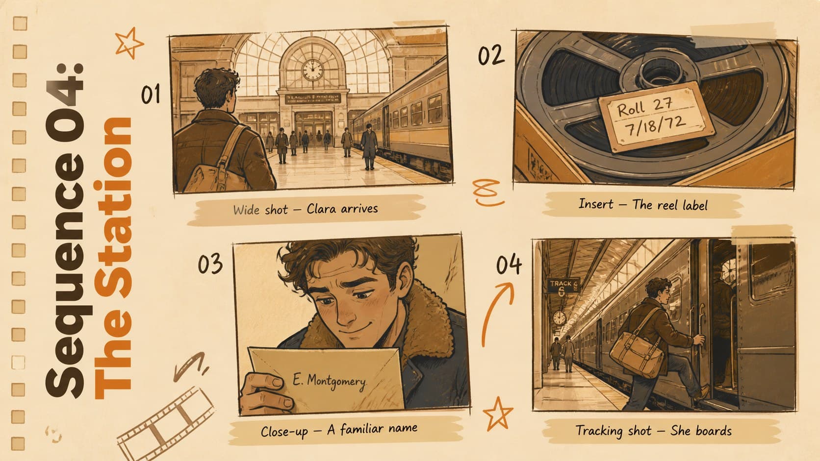 Movie storyboard presentation with four illustrated scene frames and concise action notes.