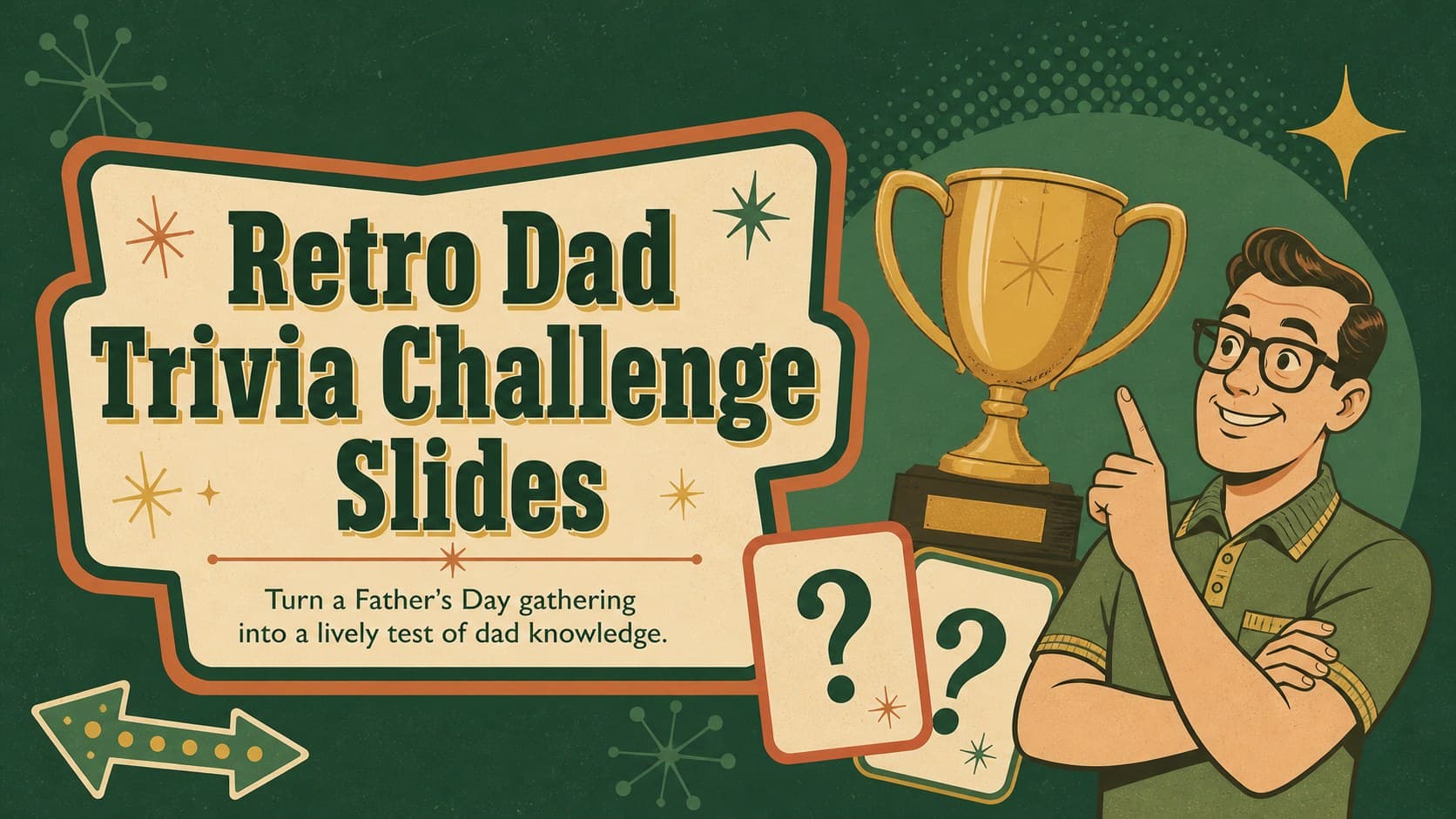 Cover of the Retro Dad Trivia Challenge Slides with vintage green illustrations and a bold game-show title.