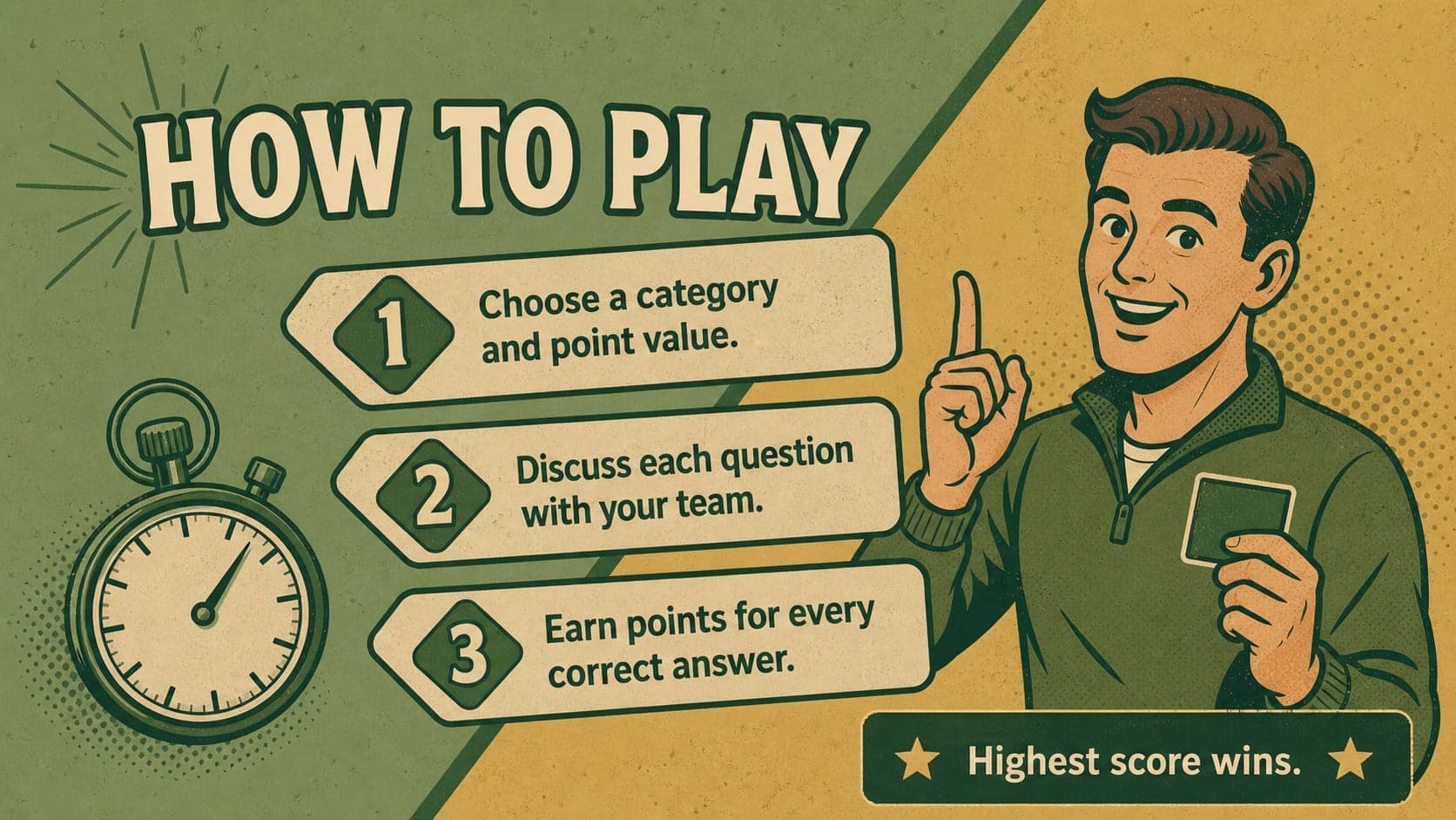 How-to-play instructions for an editable dad knowledge quiz in a vintage green layout.
