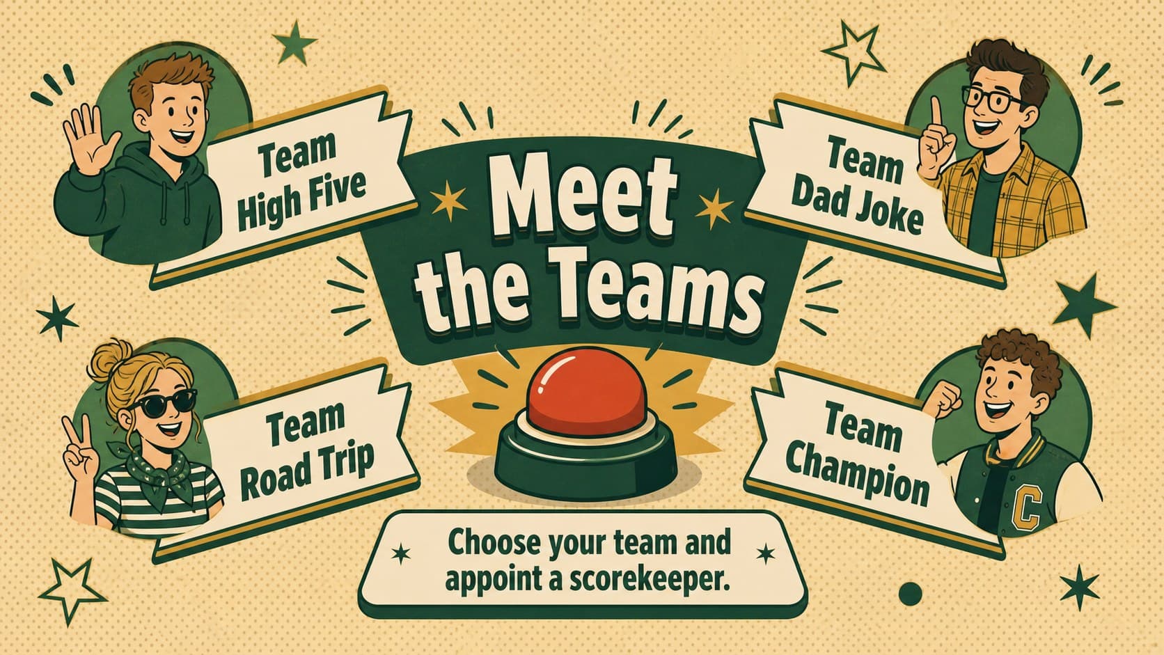 Team introduction layout for a Father's Day trivia competition with editable names and retro illustrations.