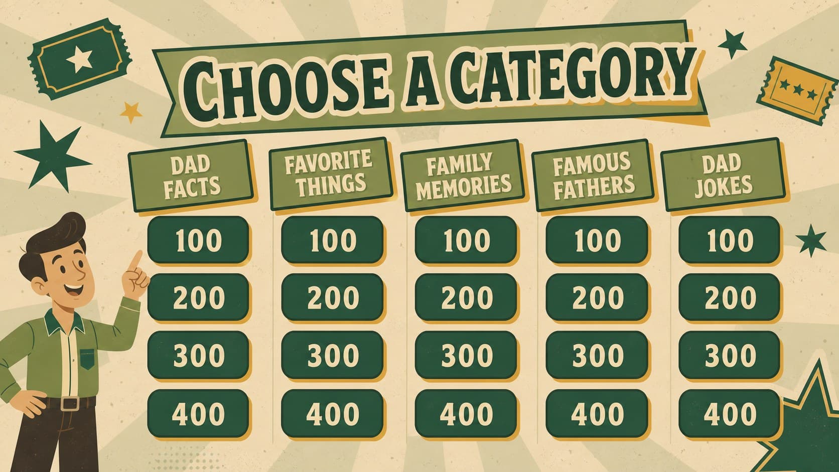 Category board for dad trivia challenge slides with five family-themed quiz topics.