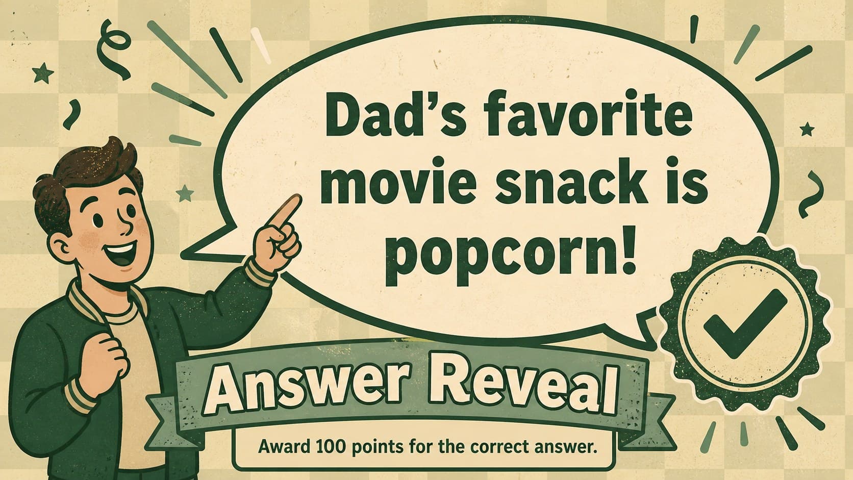 Answer reveal slide for a customizable family dad quiz presentation.