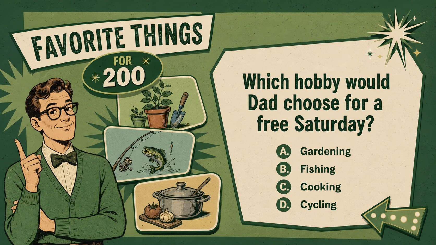 Favorite Things trivia question displayed in a nostalgic green Father's Day quiz layout.