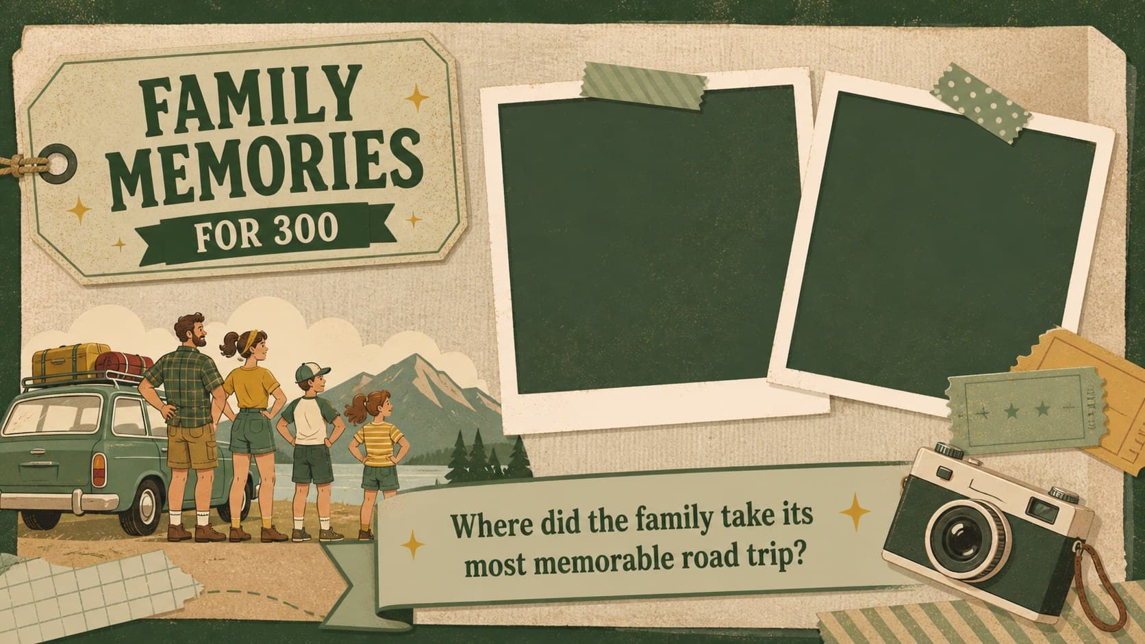 Family Memories question slide with a retro photo-frame motif and green palette.