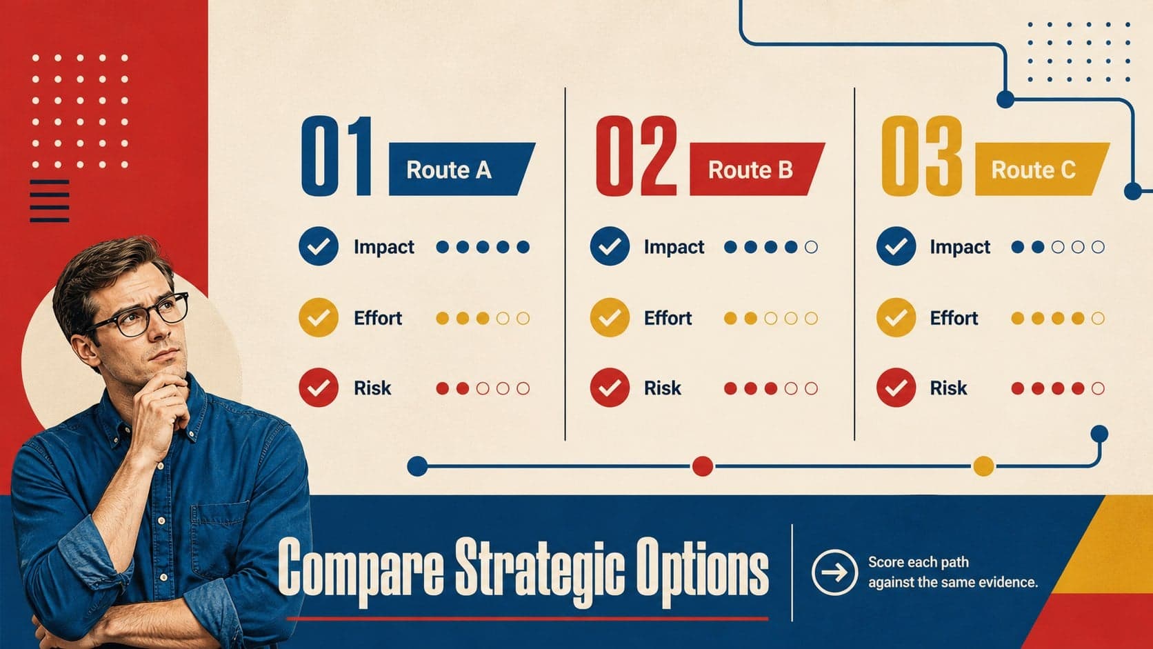 Editable data analysis infographic deck slide comparing strategic options with colorful criteria markers.