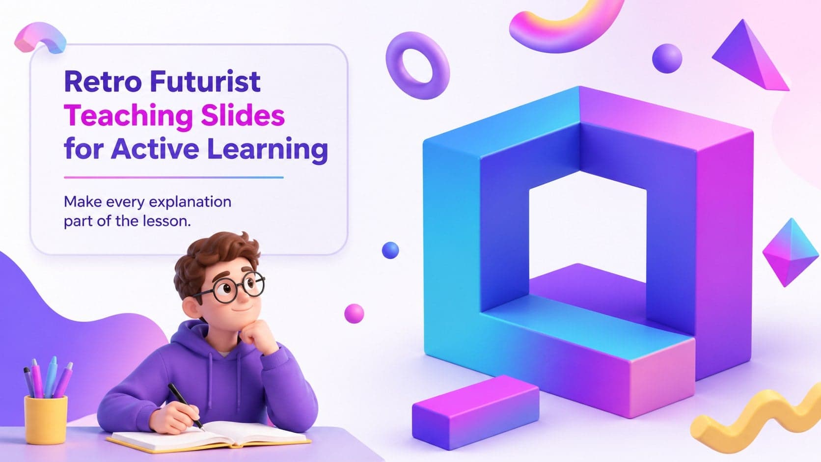 Cover slide for retro futurist teaching slides with dimensional purple and pink classroom geometry.