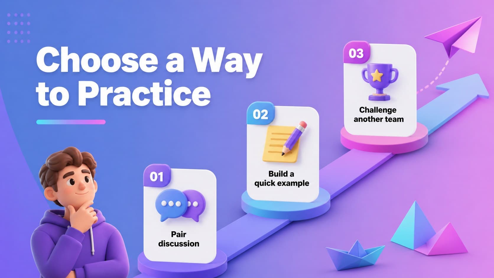 3D classroom activity presentation slide with three collaborative task options.