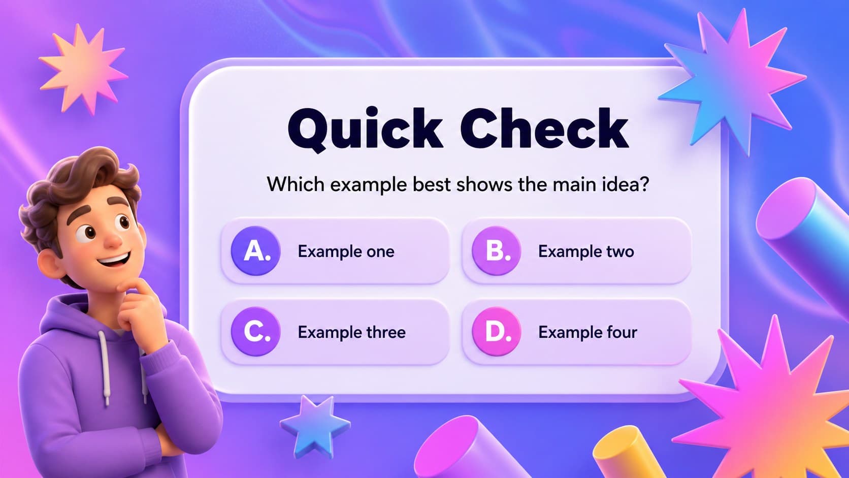 Interactive lesson slides quiz screen with colorful answer choices and 3D accents.