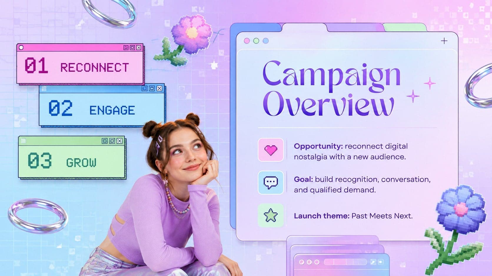 Pastel digital campaign slides showing a campaign overview with goals, opportunity, and launch theme.