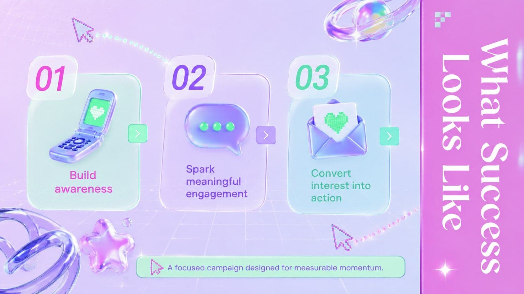 Y2K marketing pitch presentation slide outlining awareness, engagement, and conversion objectives.