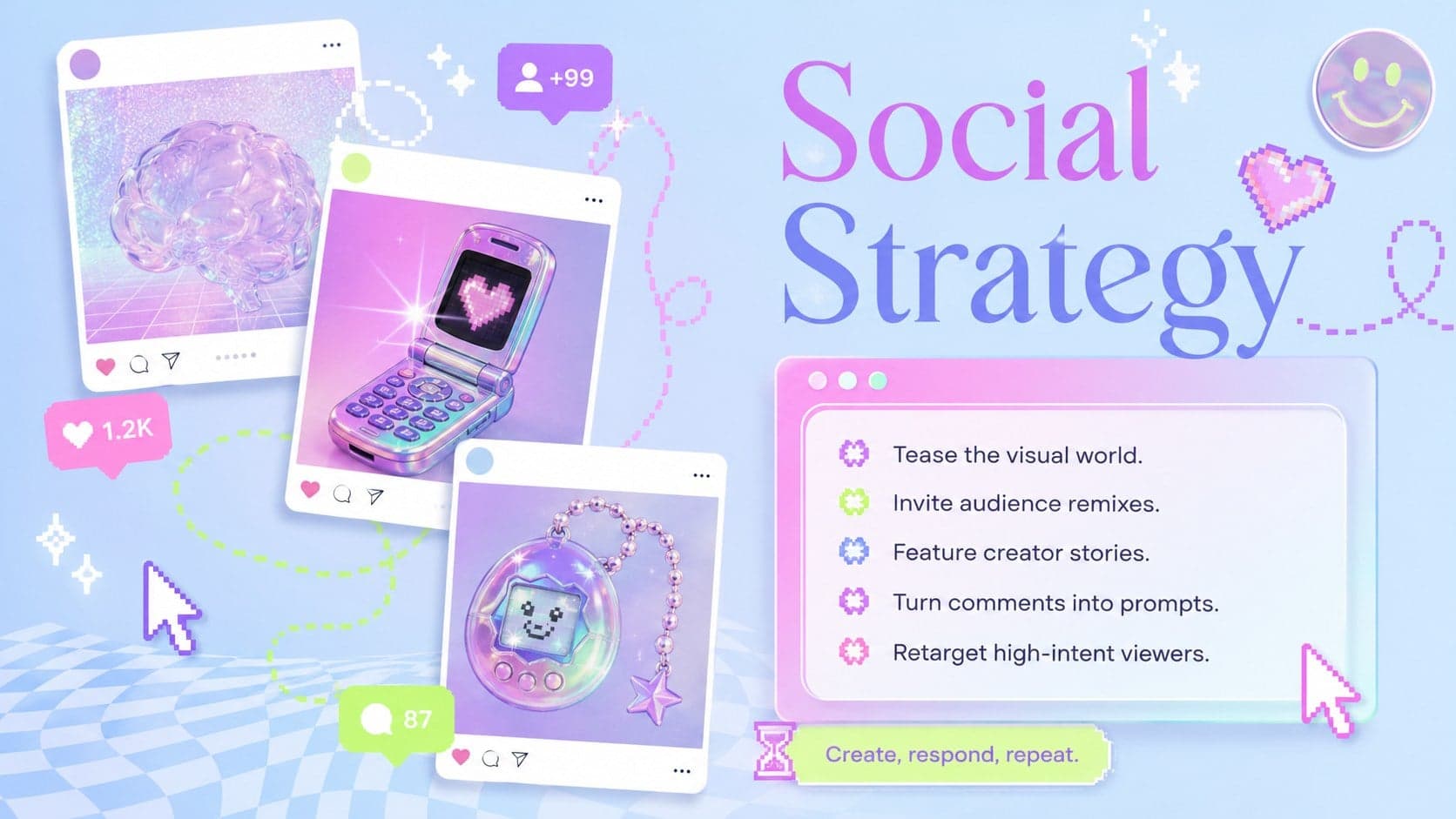 Editable creative agency pitch slide with social media content formats and community actions.