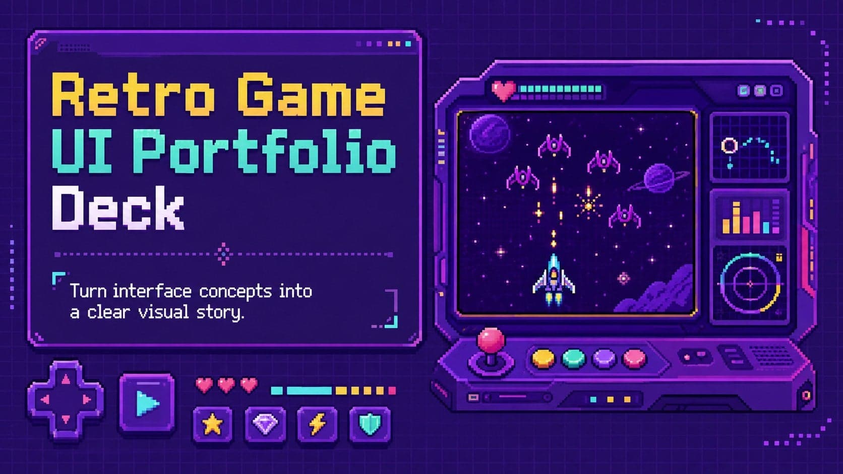 Cover of a Retro Game UI Portfolio Deck with purple pixel graphics and arcade interface details.