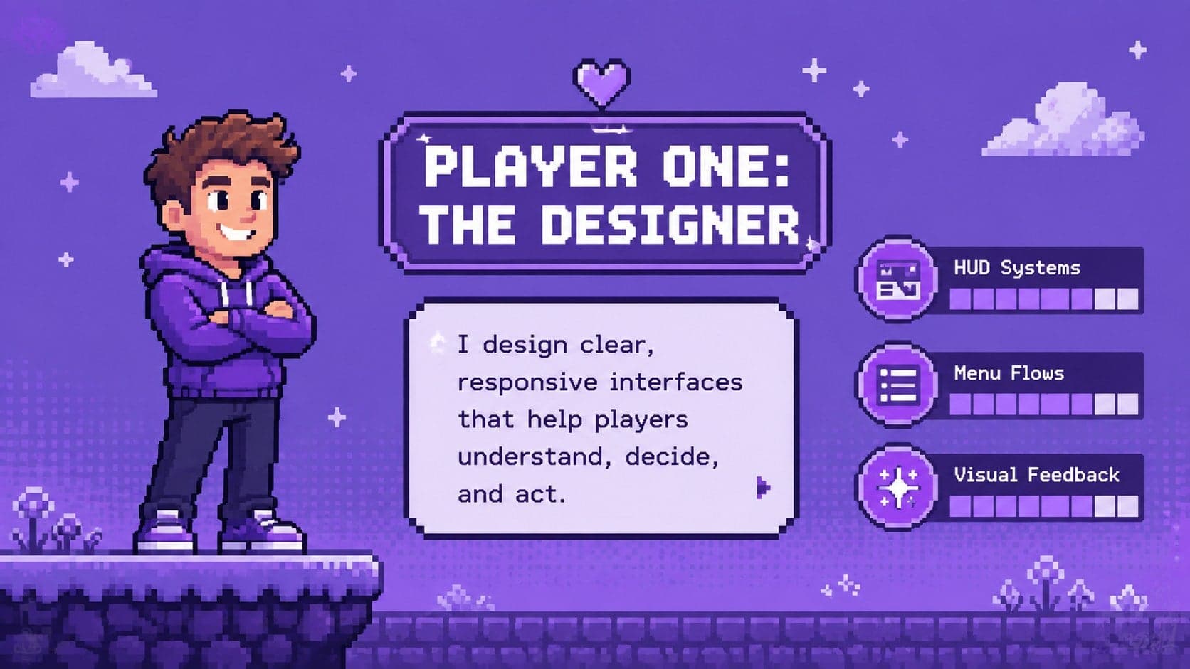 Purple pixel-art game UI designer profile slide introducing creative focus and interface expertise.