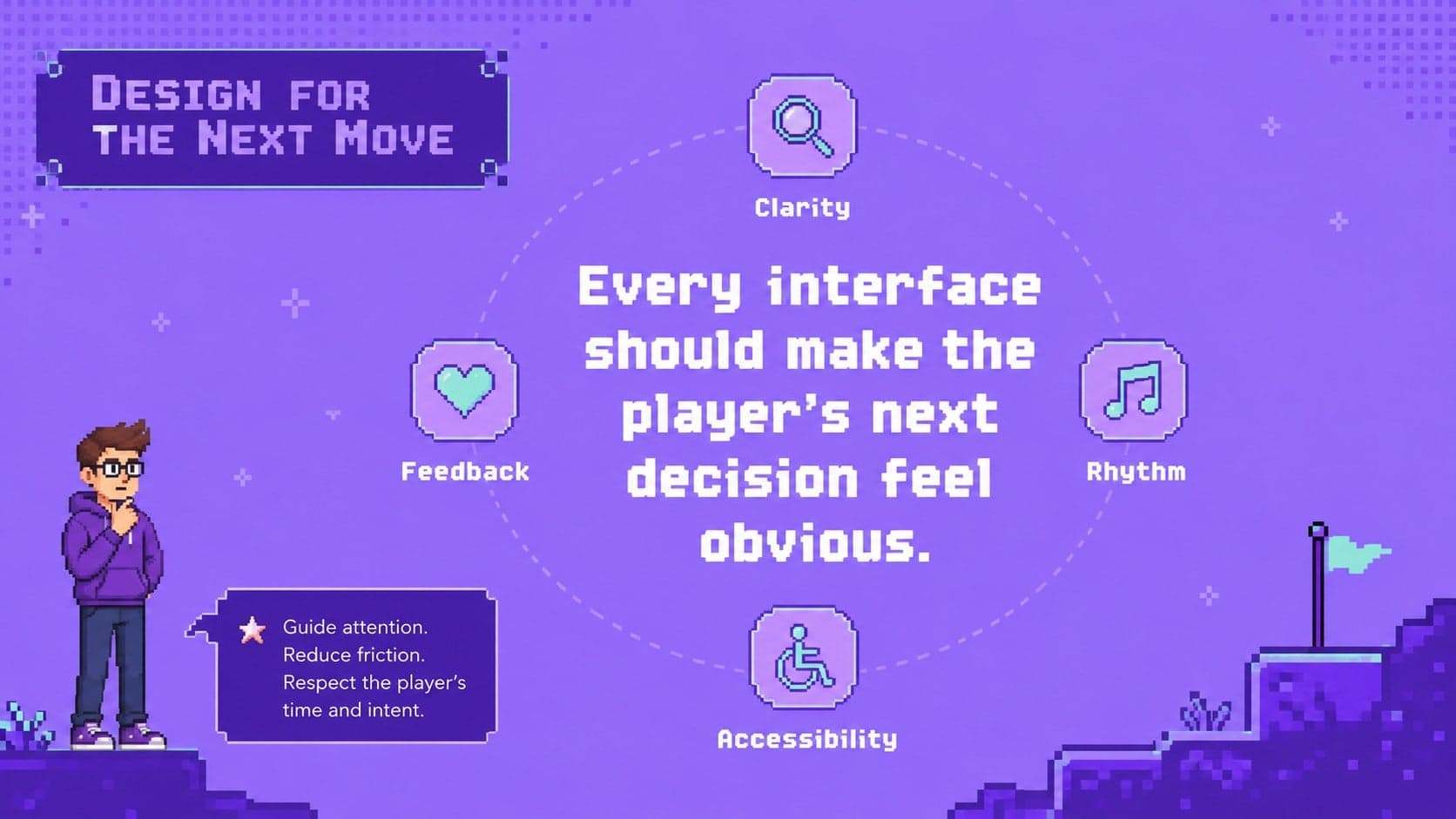 Game UI UX portfolio presentation slide explaining a player-first interface design philosophy.