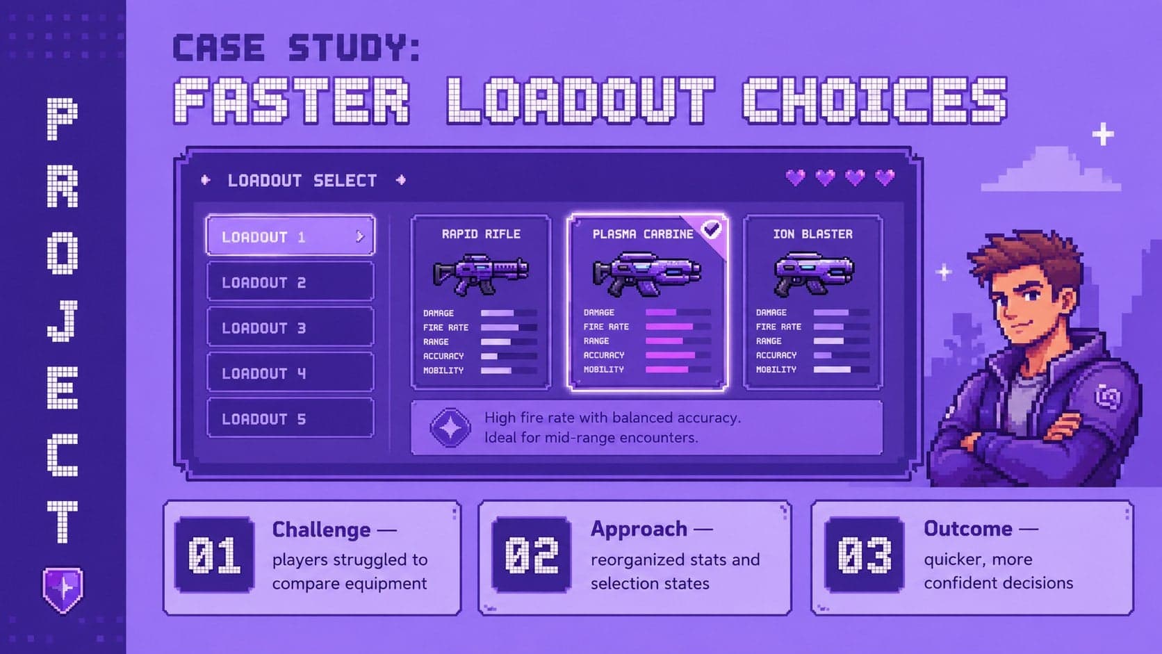 Game interface case study deck slide outlining the challenge, approach, and outcome of a menu redesign.