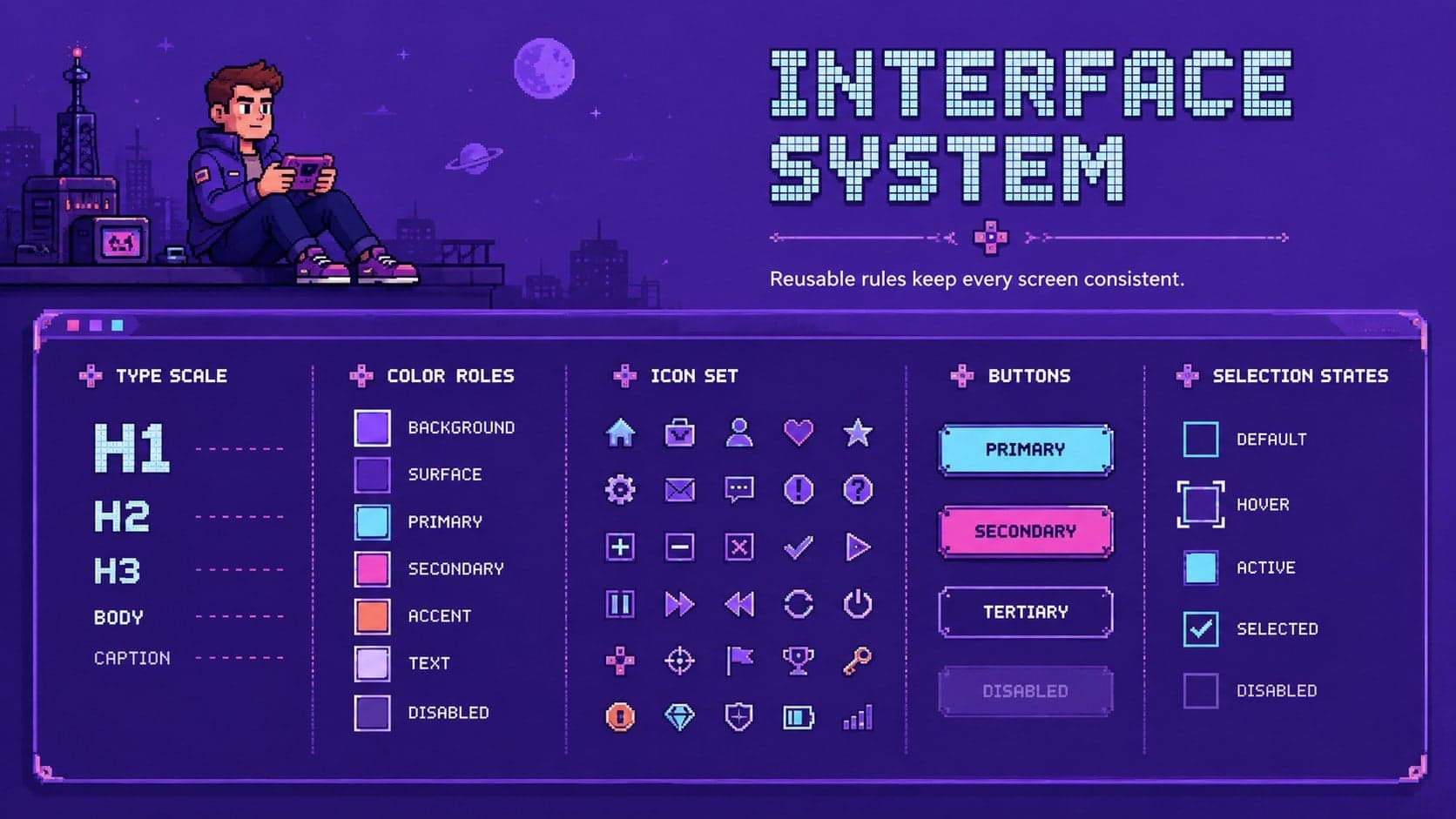 Purple game interface design slide displaying typography, color, icons, and selection states.