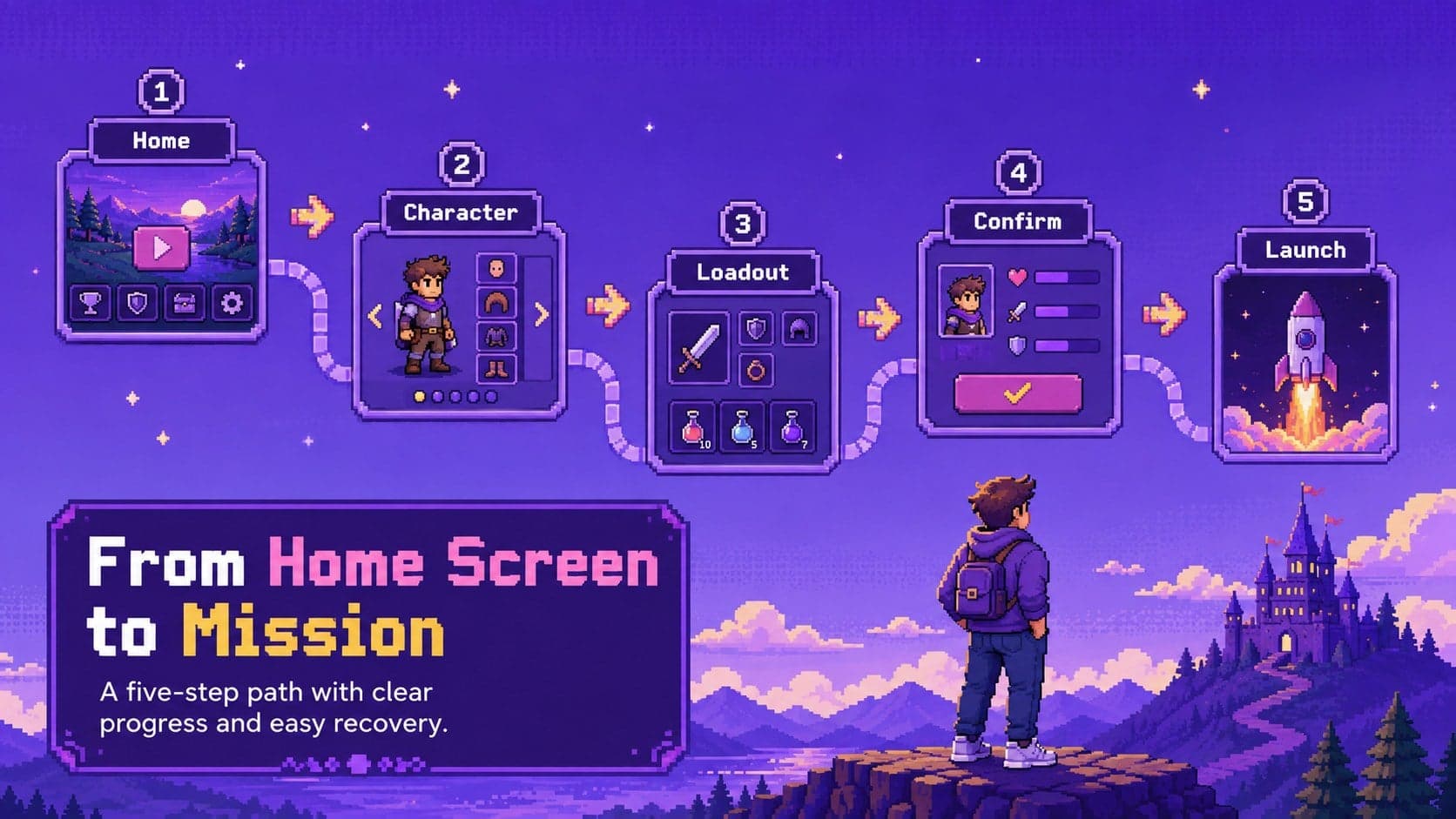 Arcade interface design slide mapping a player's journey from home screen to mission launch.
