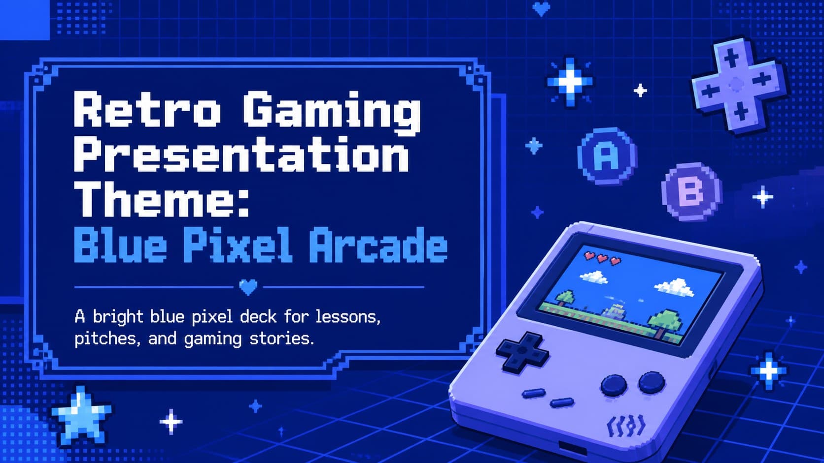 Cover of a retro gaming presentation theme with blue pixel arcade graphics and a handheld console motif.