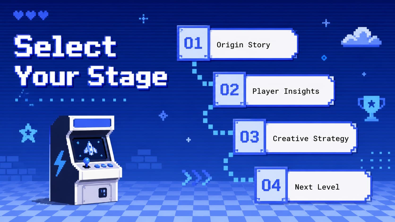 Blue pixel arcade agenda slide listing four sections for a retro gaming presentation.