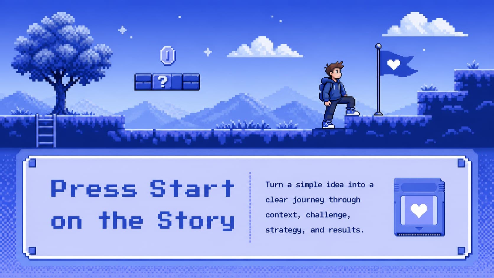 Nostalgic video game presentation slide introducing the story with blue pixel graphics.