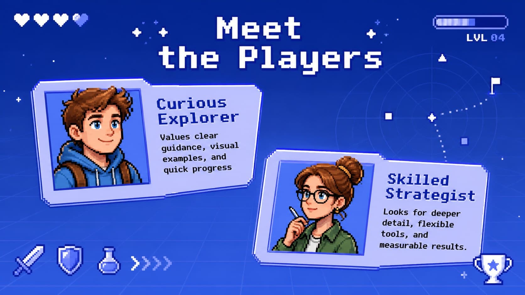 Retro console pitch deck slide comparing audience profiles with blue pixel avatars and data.