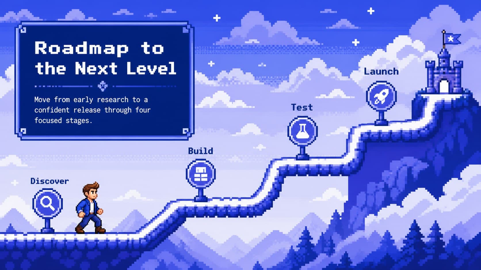 Gaming presentation for PowerPoint with a four-level project timeline in blue pixel style.