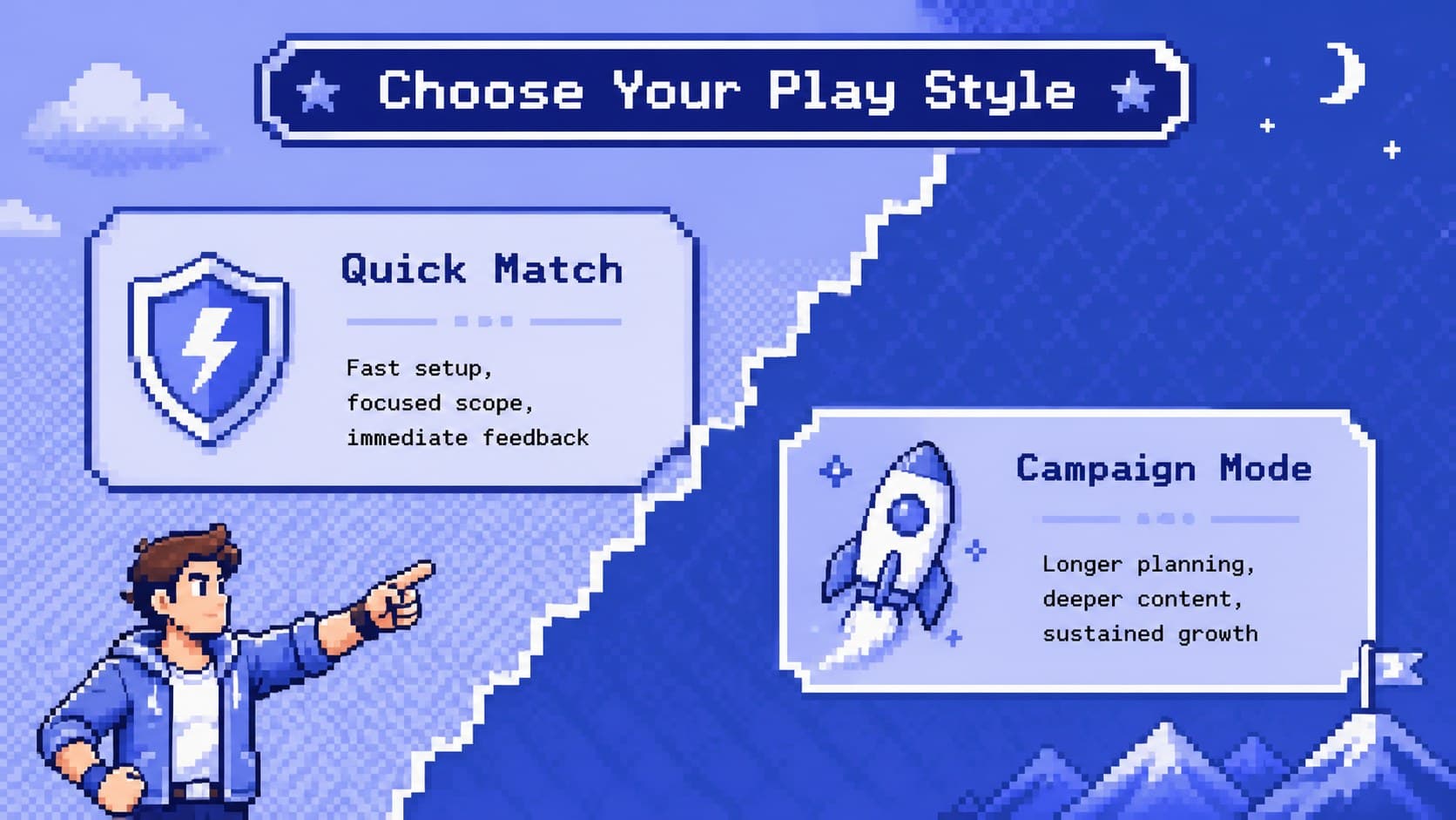 Arcade themed Google Slides comparison page with two blue pixel strategy columns.