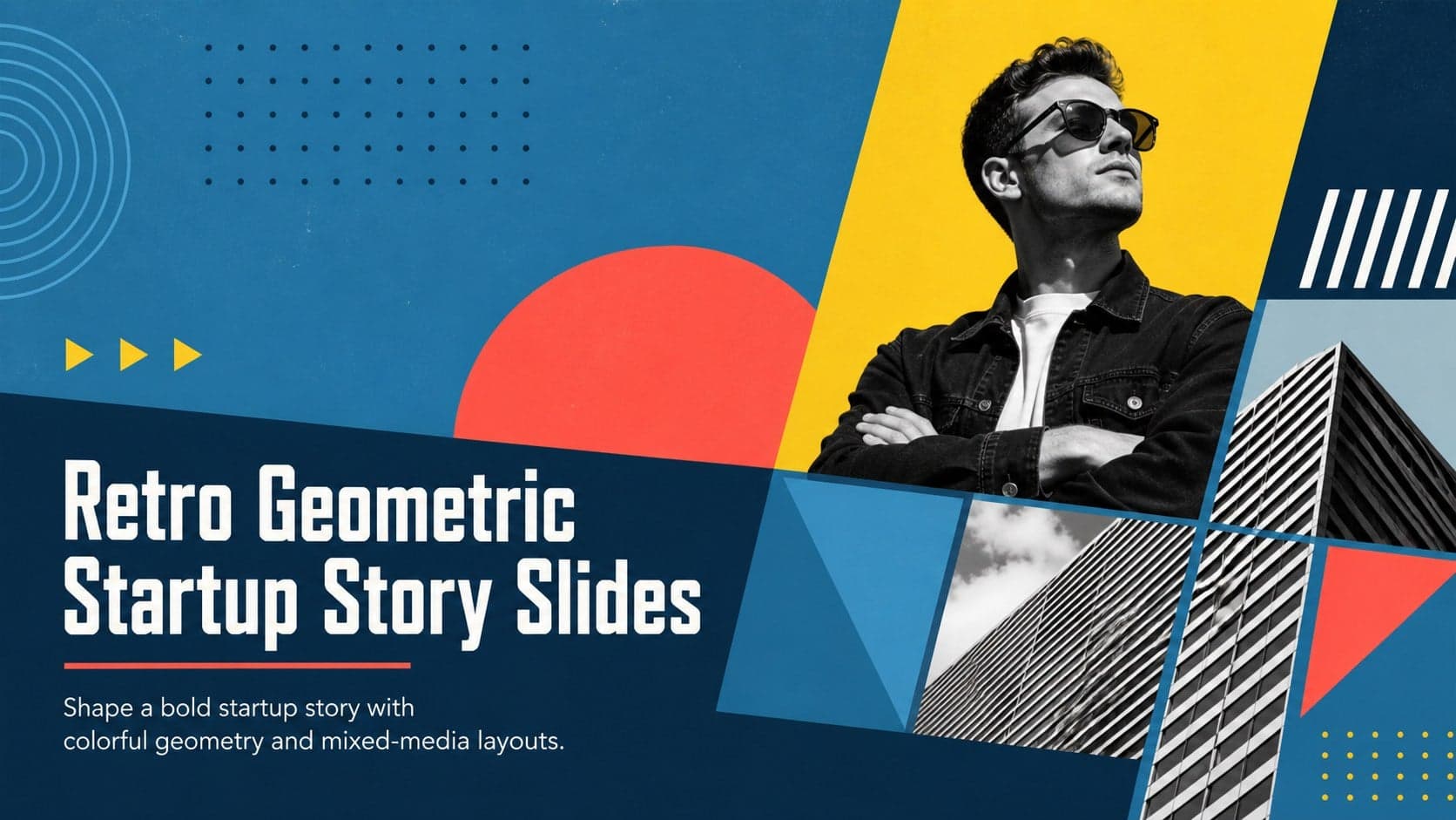 Cover for Retro Geometric Startup Story Slides with colorful shapes, blue accents, and a mixed-media business image.