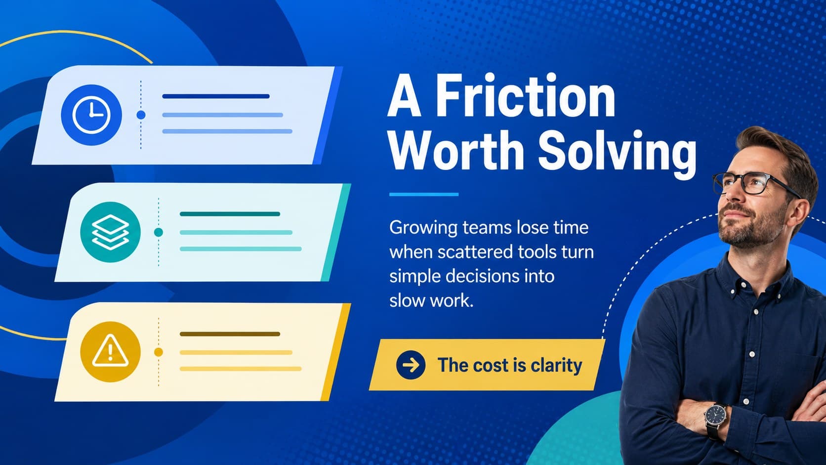 Colorful startup opportunity slide presenting a concise market challenge with bold geometric graphics.