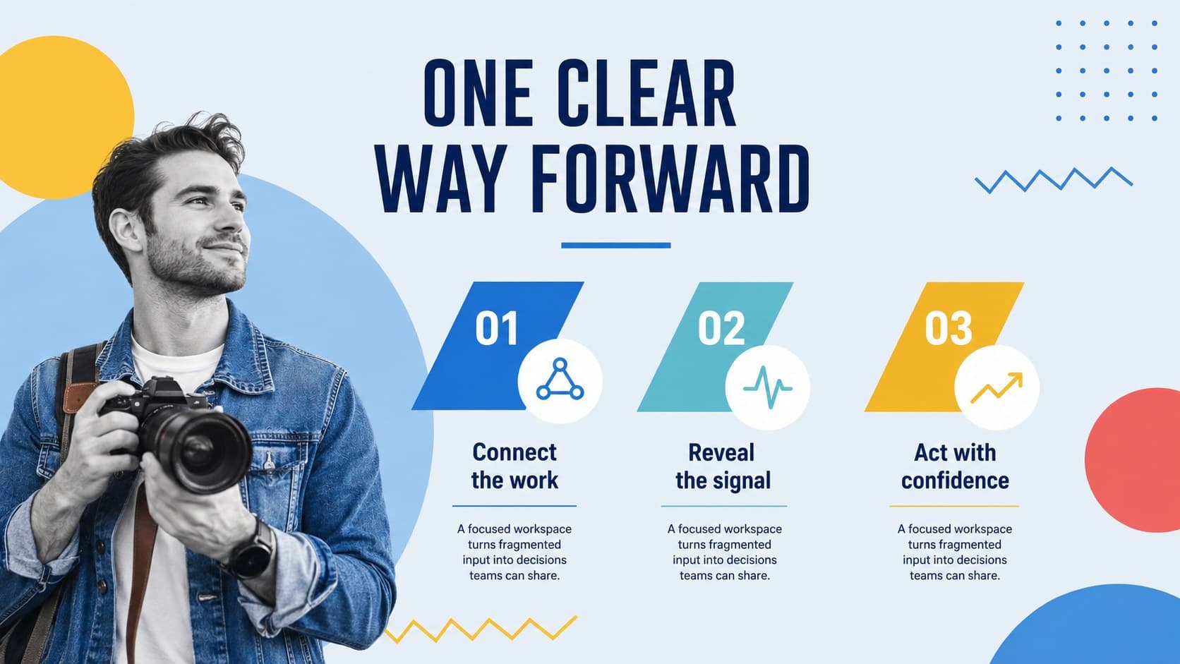 Mixed media startup pitch deck slide explaining a simple product solution in three steps.