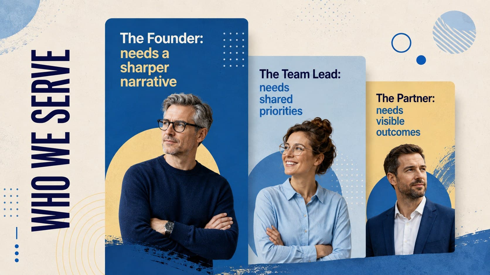 Blue retro business presentation slide comparing target customer groups through three visual profiles.