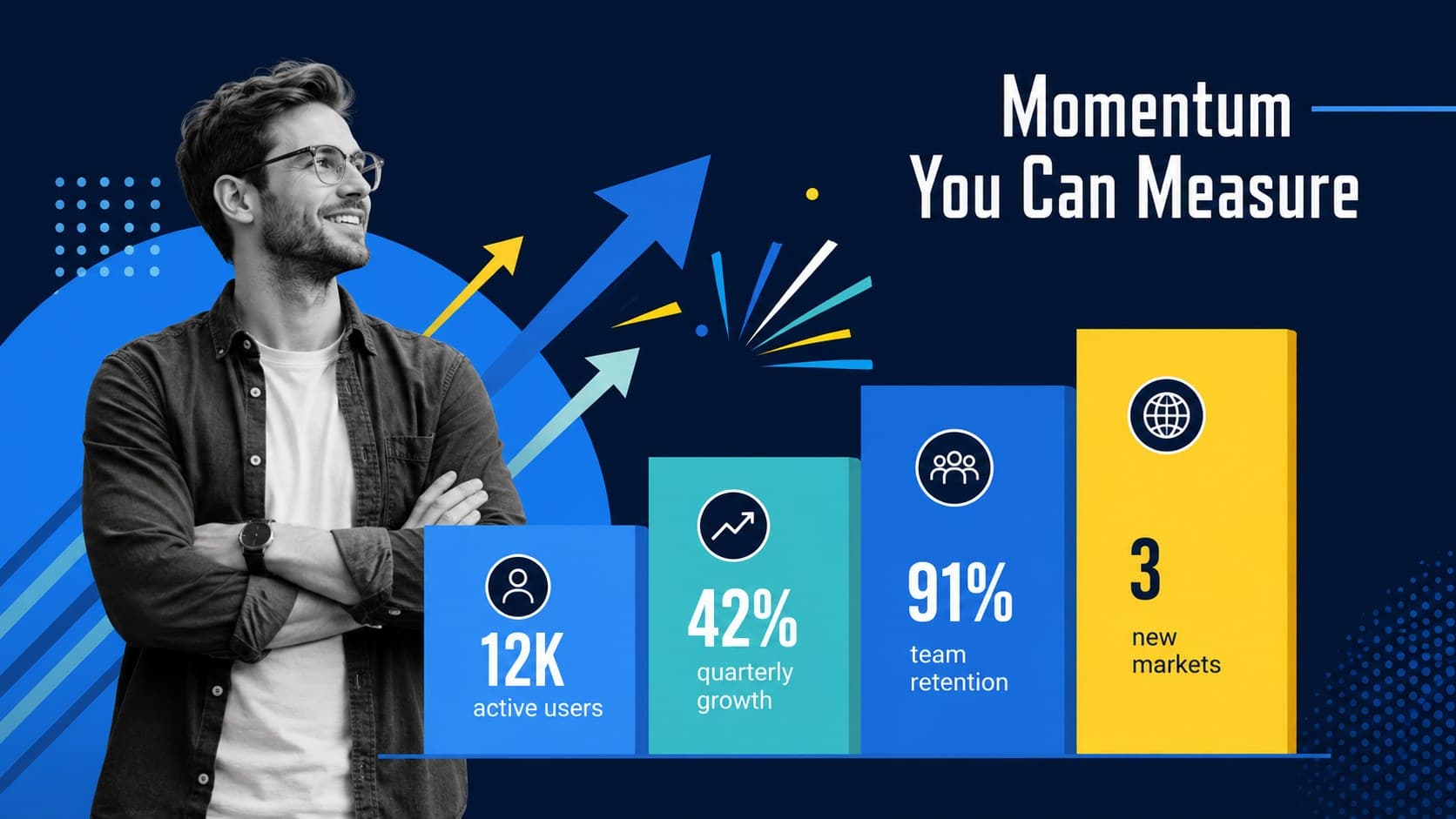 Creative founder fundraising slide displaying traction metrics in a colorful geometric dashboard.