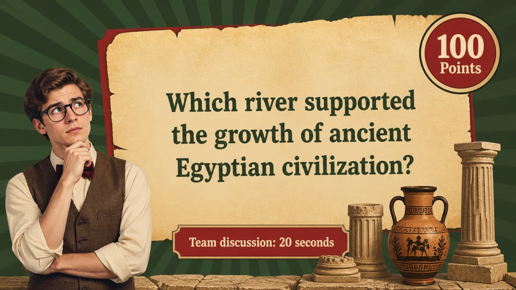 Ancient civilizations question slide from a retro history quiz game template.