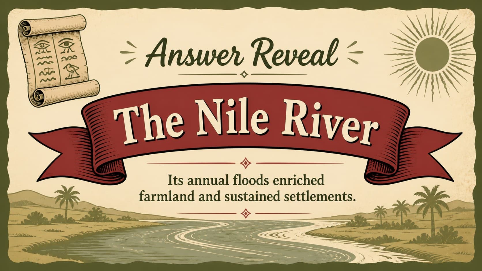 Answer reveal identifying the Nile River in a vintage classroom quiz presentation.
